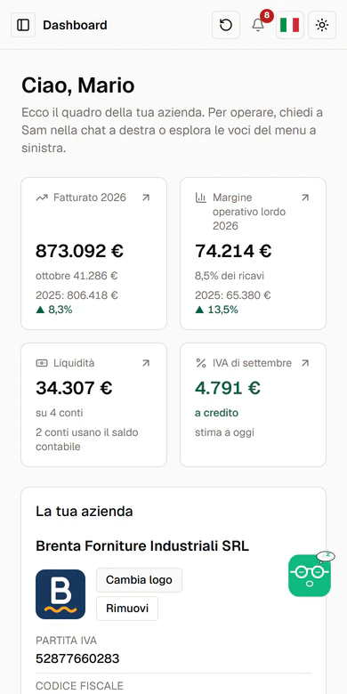 La stessa dashboard sul telefono: fatturato, margine, liquidità e IVA in quattro riquadri